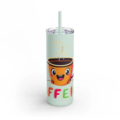 Mint green tumbler featuring a cartoon coffee cup design for stylish beverage enjoyment