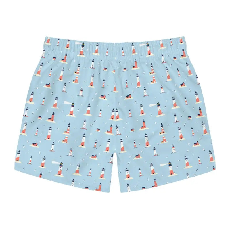 Light blue lighthouse-patterned boxer shorts from Nautical Lighthouse Swim Trunks collection