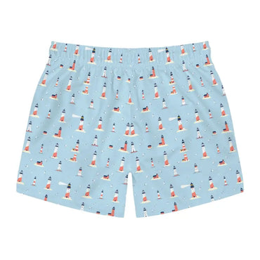 Light blue lighthouse-patterned boxer shorts from Nautical Lighthouse Swim Trunks collection