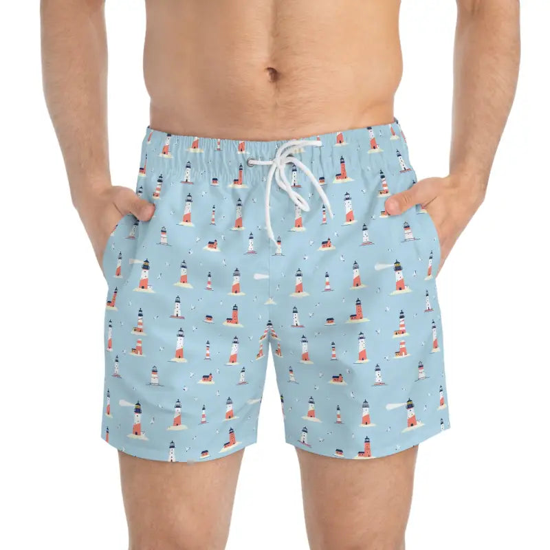 Men’s lighthouse-patterned swim trunks for summer with nautical style and comfort