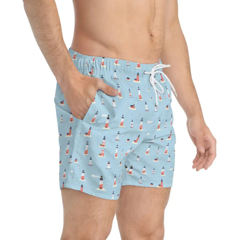 Men’s light blue lighthouse-patterned swim trunks from Nautical Lighthouse collection