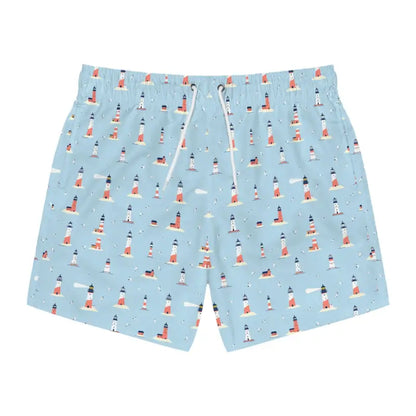 Light blue Nautical Lighthouse Swim Trunks with lighthouse pattern for summer fun and style