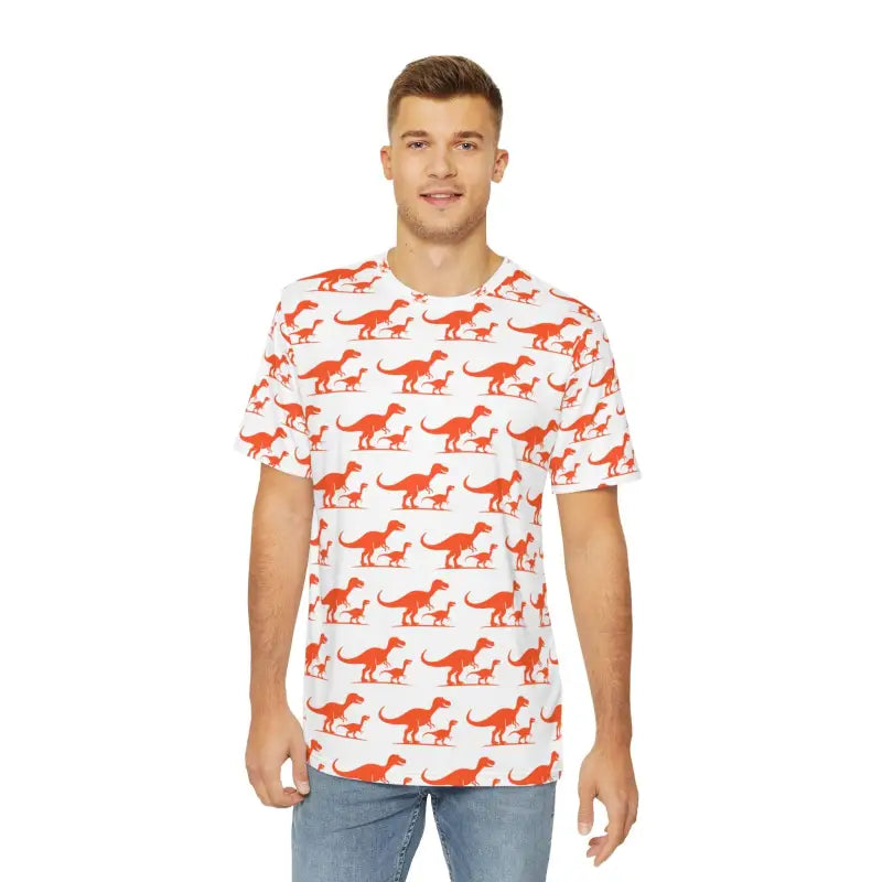 Men’s white t-shirt featuring an orange T-Rex dinosaur pattern design