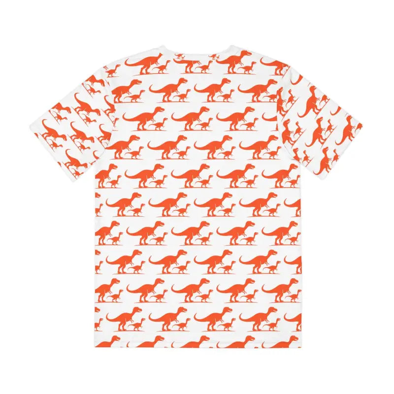 Mens White T Shirt featuring an Orange T Rex Dinosaur Pattern for a stylish look