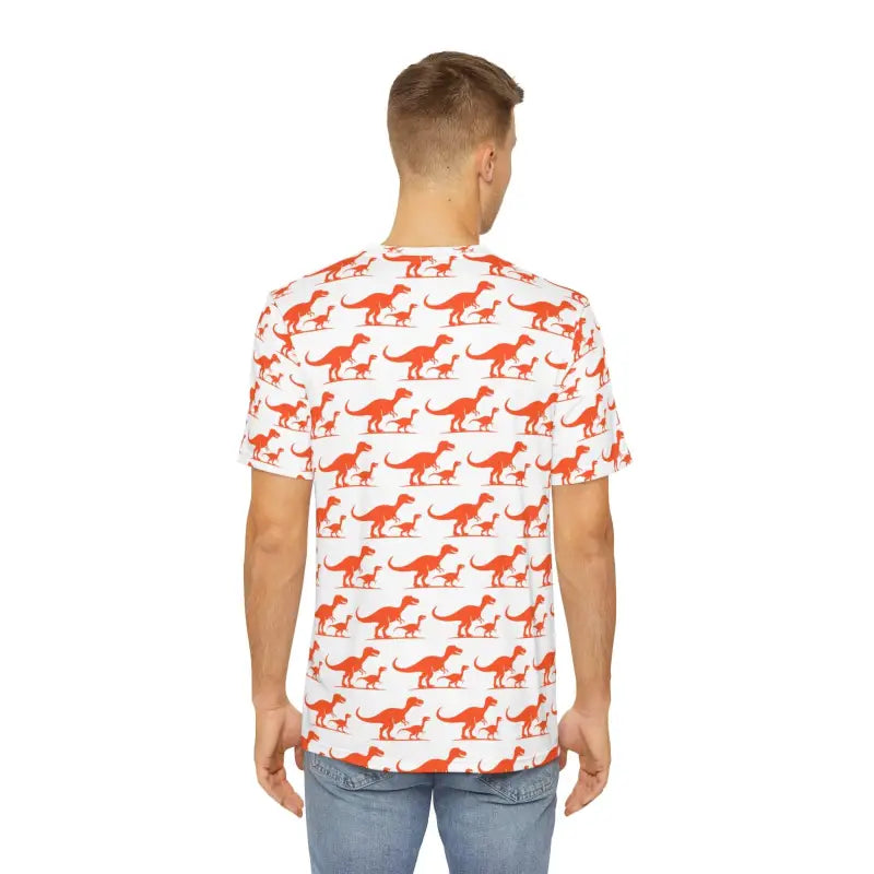 Men’s White T-Shirt featuring an Orange T-Rex Dinosaur print design