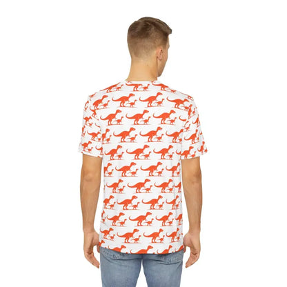 Men’s White T-Shirt featuring an Orange T-Rex Dinosaur print design
