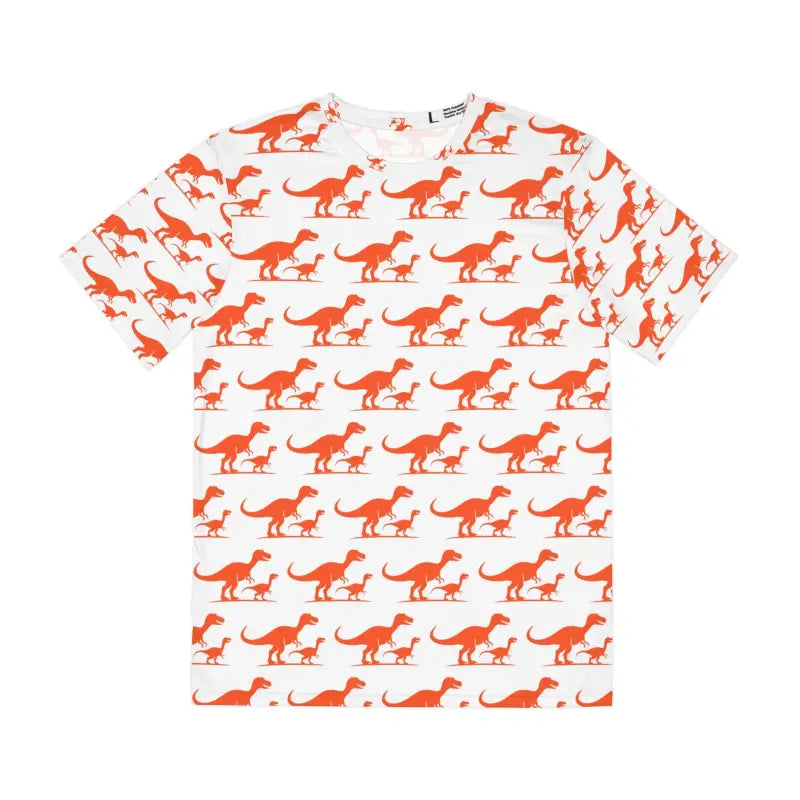 Mens White T Shirt featuring an orange T Rex dinosaur pattern design