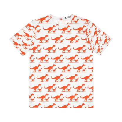 Mens White T Shirt featuring an orange T Rex dinosaur pattern design