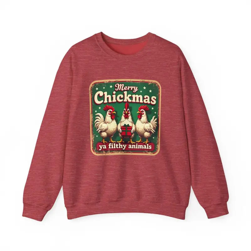 Maroon Merry Chickmas Crewneck Sweatshirt featuring festive design for holiday attire