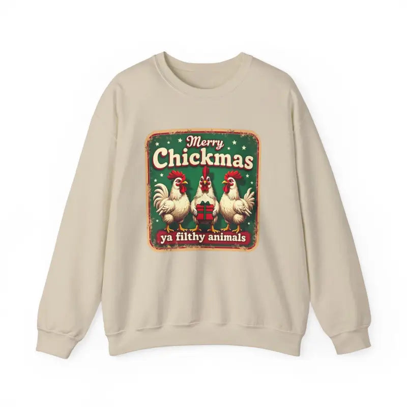 Beige Merry Chickmas Crewneck Sweatshirt with festive graphic design