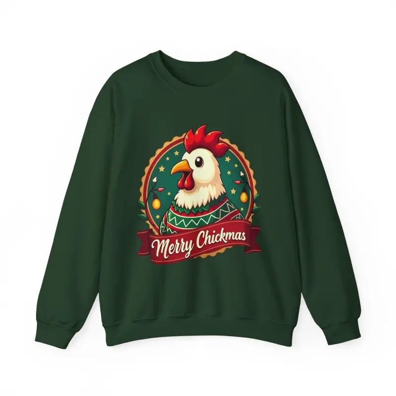 Green Merry Chickmas sweatshirt featuring festive holiday design for cozy winter wear