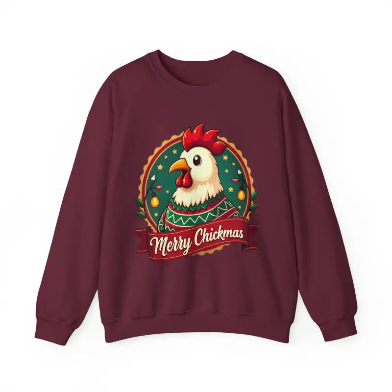 Maroon Merry Chickmas Crewneck Sweatshirt perfect for festive holiday celebrations