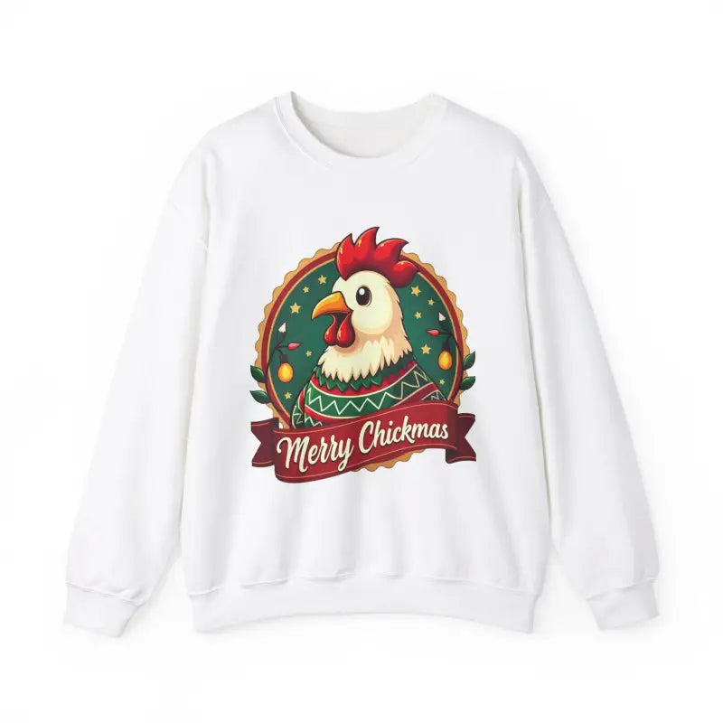 White Merry Chickmas Crewneck Sweatshirt with festive design for holiday wear