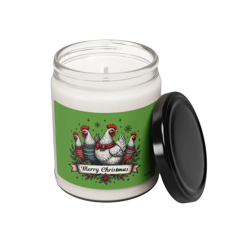 Merry Christmas Chicken 9oz Scented Soy Candle featuring festive chicken design