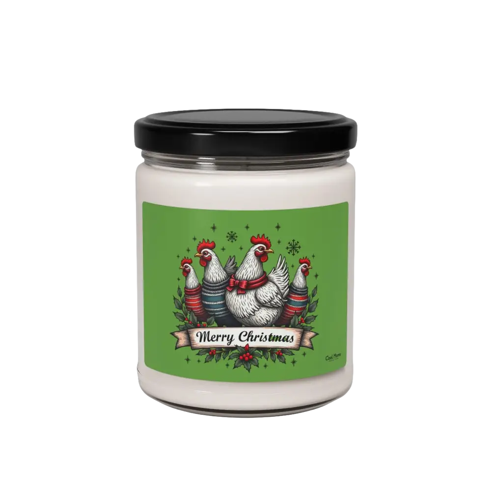 Merry Christmas Chicken 9oz Scented Soy Candle featuring a festive chicken design