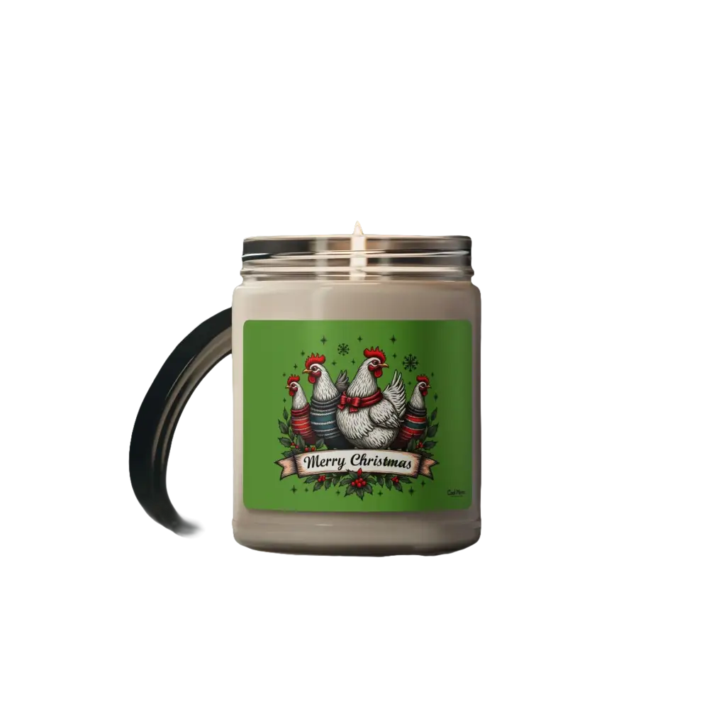 Merry Christmas Chicken 9oz Scented Soy Candle featuring a festive chicken design