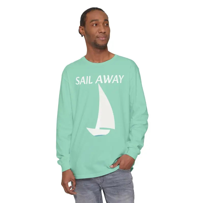 Mint green long-sleeved shirt featuring a sailboat graphic from Minimalist Sail Away collection