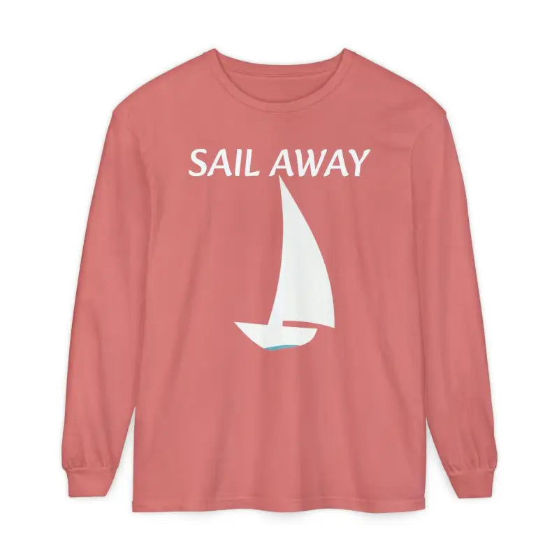 Salmon-colored long-sleeved shirt featuring a sailboat graphic for the Minimalist Sail Away collection