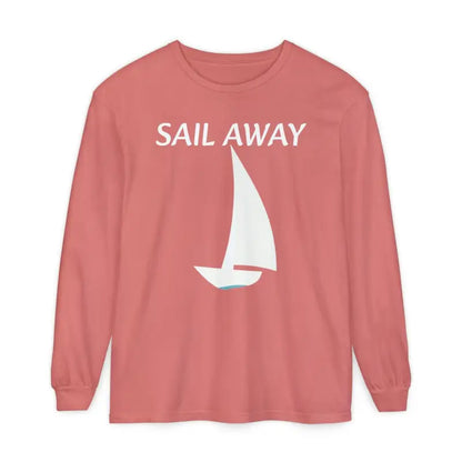 Salmon-colored long-sleeved shirt featuring a sailboat graphic for the Minimalist Sail Away collection