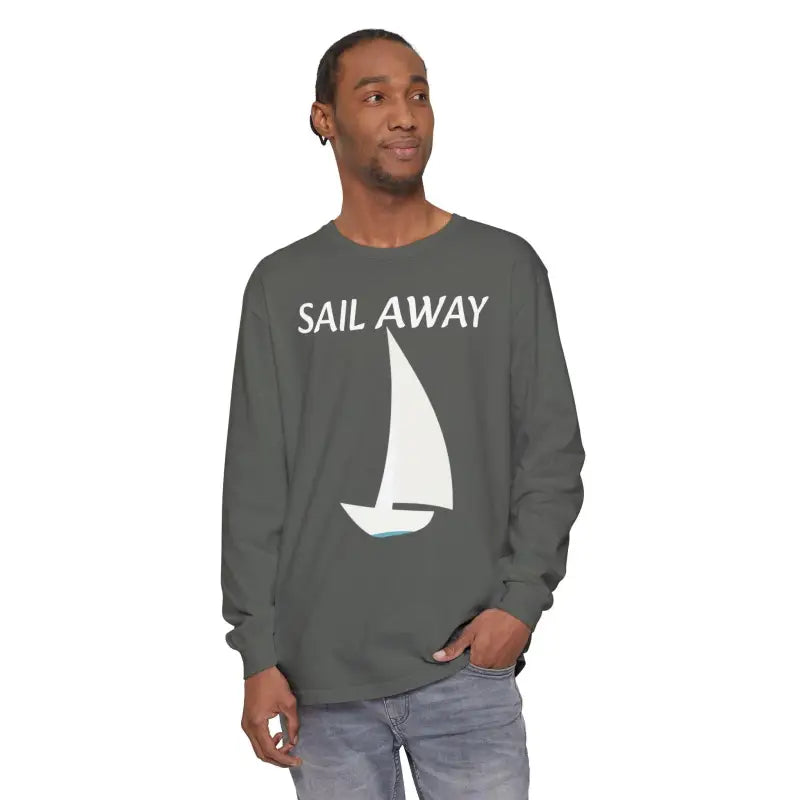 Gray long-sleeved shirt featuring sailboat graphic from Minimalist Sail Away collection