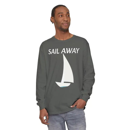 Gray long-sleeved shirt featuring sailboat graphic from Minimalist Sail Away collection
