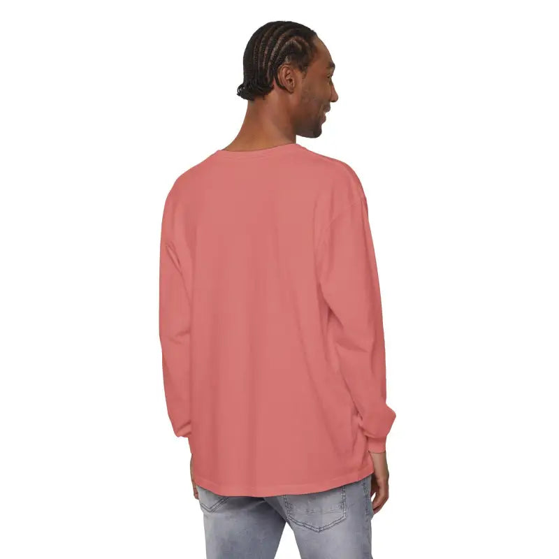 Man wearing a salmon-colored Minimalist Sail Away Long Sleeve Shirt