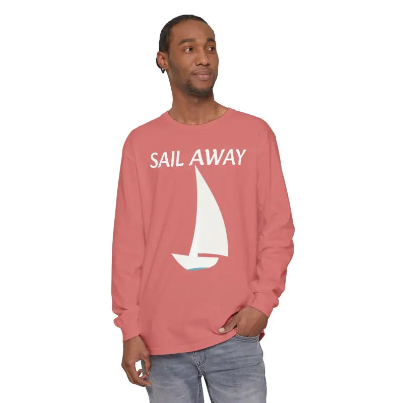 Salmon-colored long-sleeved shirt featuring a sailboat graphic for the Minimalist Sail Away collection