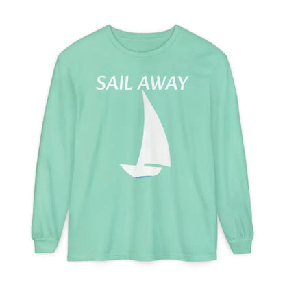Mint green long-sleeved shirt featuring a sailboat design from Minimalist Sail Away collection