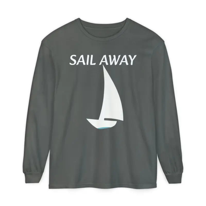 Gray long-sleeved shirt featuring a sailboat graphic from the Minimalist Sail Away collection