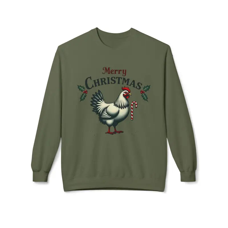 Olive green Mistoe Chicken fleece crewneck sweatshirt for Christmas celebrations