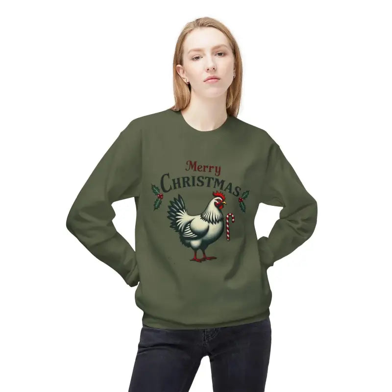 Olive Green Mistoe Chicken Fleece Crewneck Sweatshirt for Christmas festivities