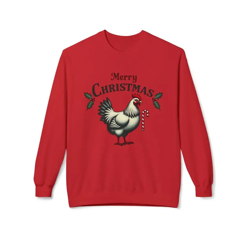 Red Christmas sweater featuring a chicken design on the Mistoe Chicken Fleece Crewneck Sweatshirt