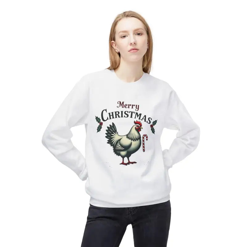 White Christmas sweatshirt featuring a chicken design from Mistoe Chicken Fleece Crewneck