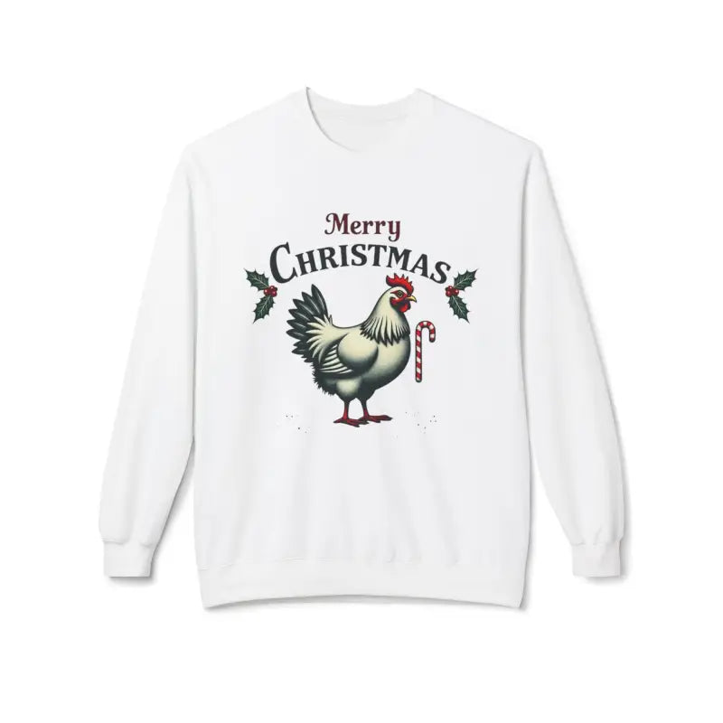 White Christmas sweater featuring a chicken design, Mistoe Chicken Fleece Crewneck Sweatshirt