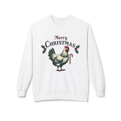 White Christmas sweater featuring a chicken design, Mistoe Chicken Fleece Crewneck Sweatshirt
