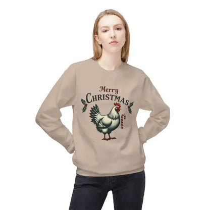 Woman modeling the Mistoe Chicken Fleece Crewneck Sweatshirt featuring Christmas design