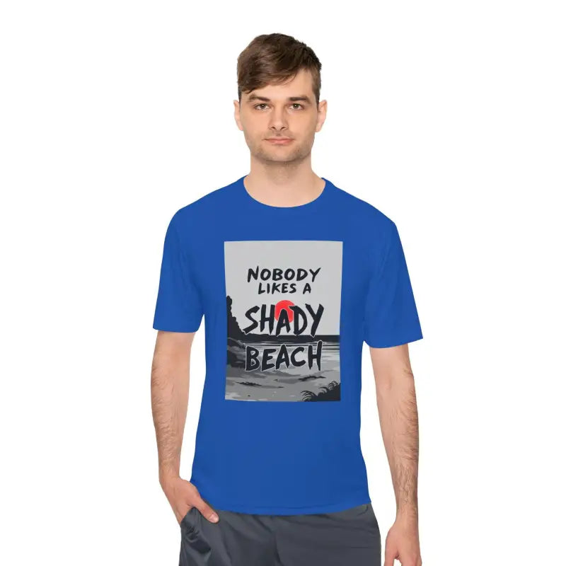Blue Moisture Wicking Beach Graphic T-Shirt featuring vibrant ocean-themed design
