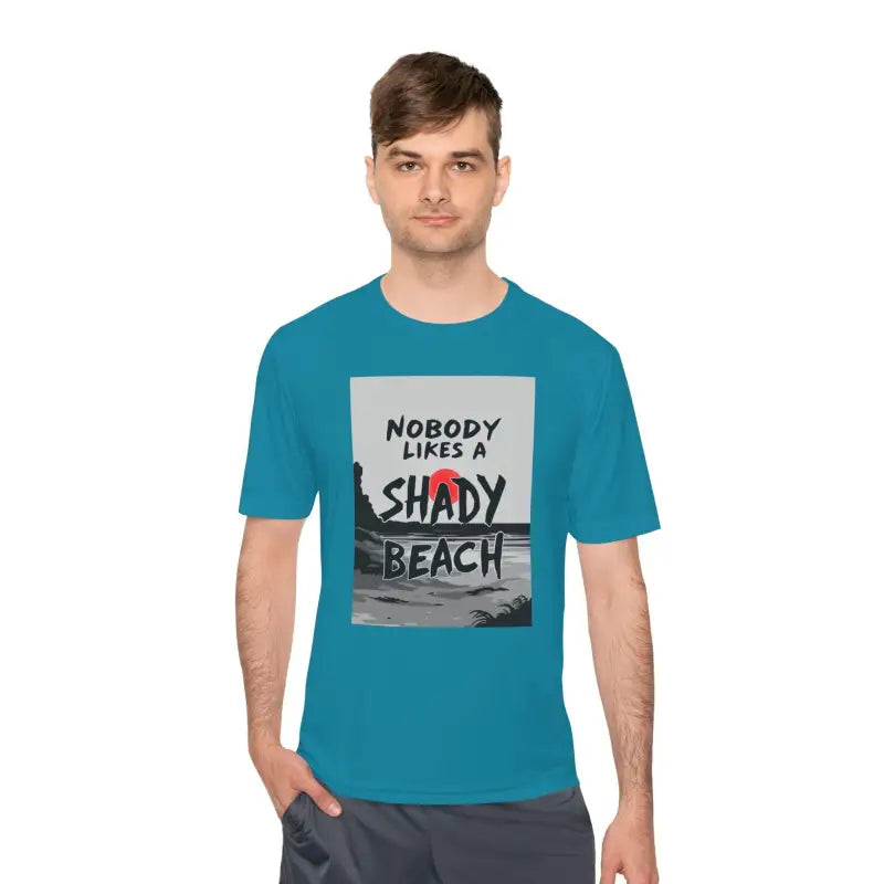 Blue Moisture Wicking Beach Graphic T-Shirt featuring vibrant beach design