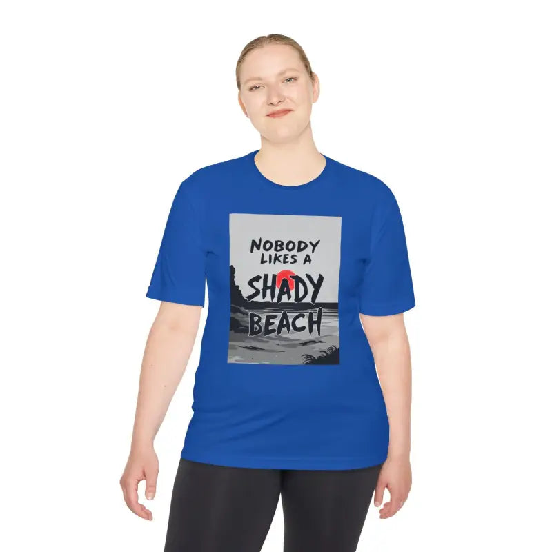 Blue Moisture Wicking Beach Graphic T-Shirt featuring vibrant coastal design
