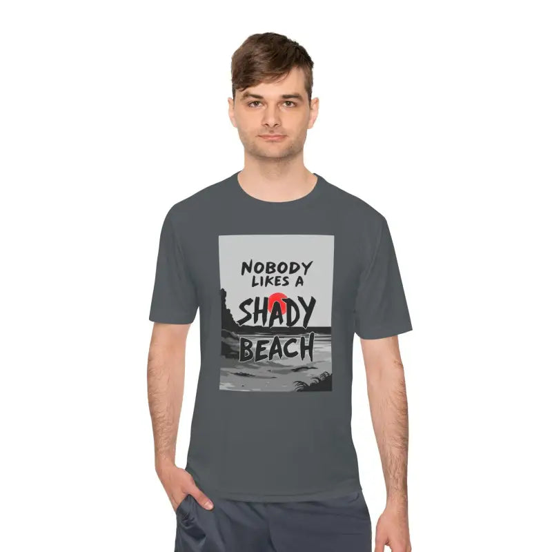 Gray Moisture Wicking T-Shirt featuring a vibrant beach graphic design