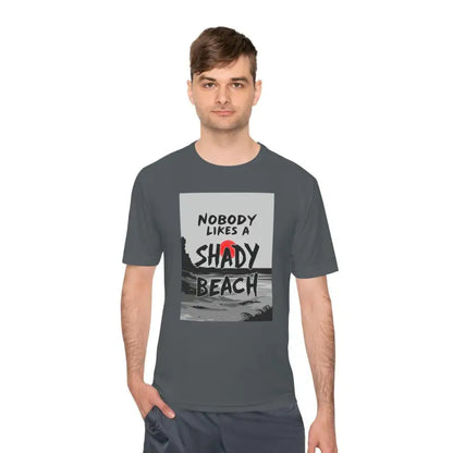 Gray Moisture Wicking T-Shirt featuring a vibrant beach graphic design