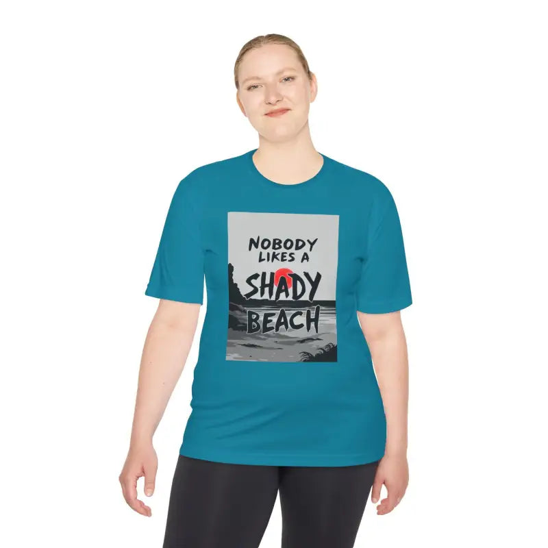 Teal Moisture Wicking Beach Graphic T Shirt featuring vibrant seaside design