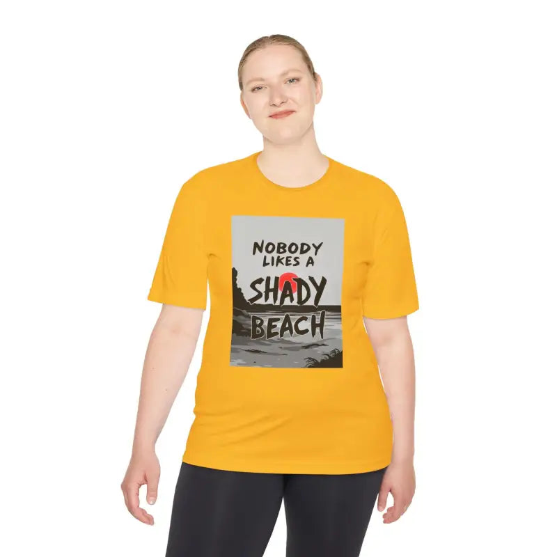 Yellow Moisture Wicking Beach Graphic T Shirt showcasing vibrant coastal design