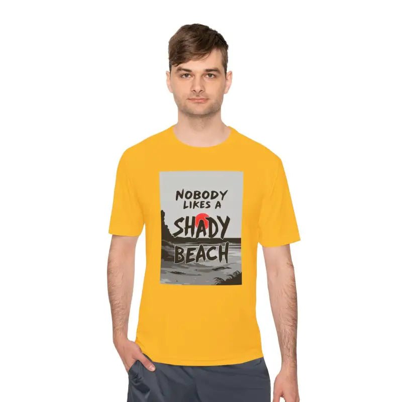 Moisture Wicking Beach Graphic T Shirt featuring a vibrant yellow color and beach design