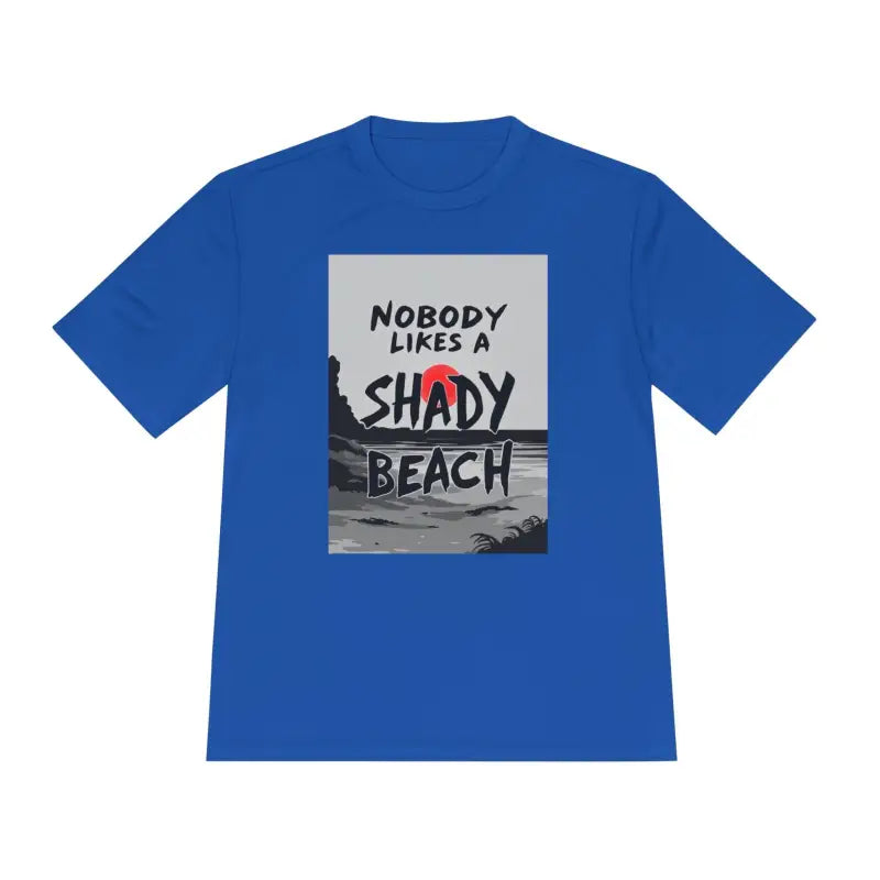 Blue Moisture Wicking T-shirt featuring a vibrant beach graphic design