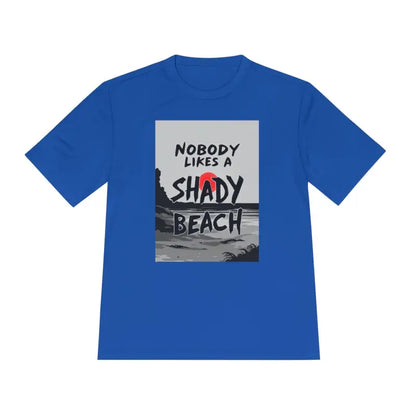 Blue Moisture Wicking T-shirt featuring a vibrant beach graphic design