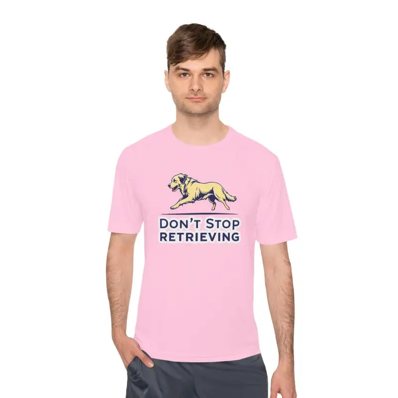 Moisture Wicking Pink T-Shirt featuring a Dog Graphic and Don’t Stop Retrieving Design