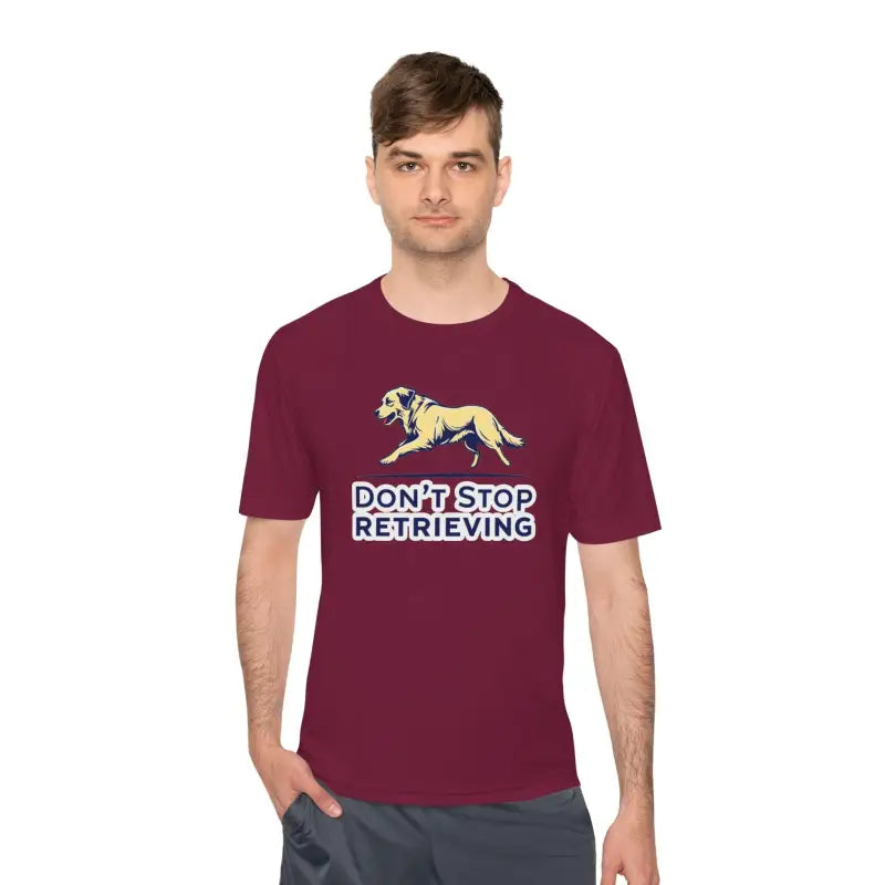 Maroon moisture wicking t-shirt featuring a dog graphic and Don’t Stop Retrieving design