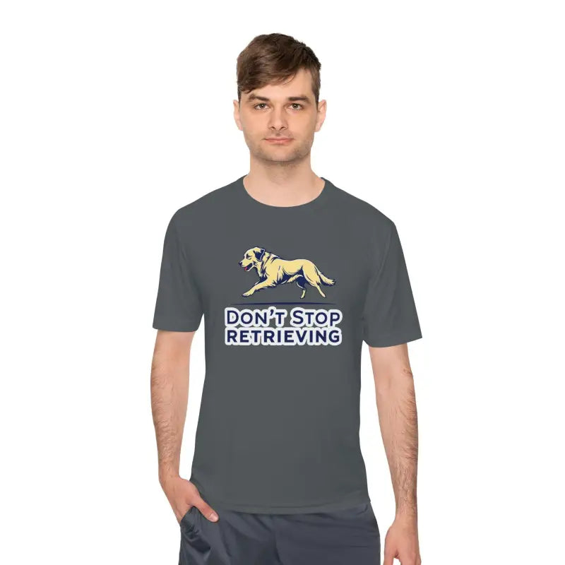 Gray moisture-wicking t-shirt featuring a dog graphic and Don’t Stop Retrieving design