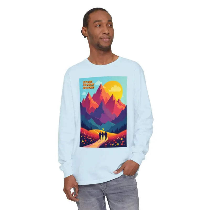 Light blue long-sleeved shirt featuring a mountain graphic from the Mountain Graphic Collection